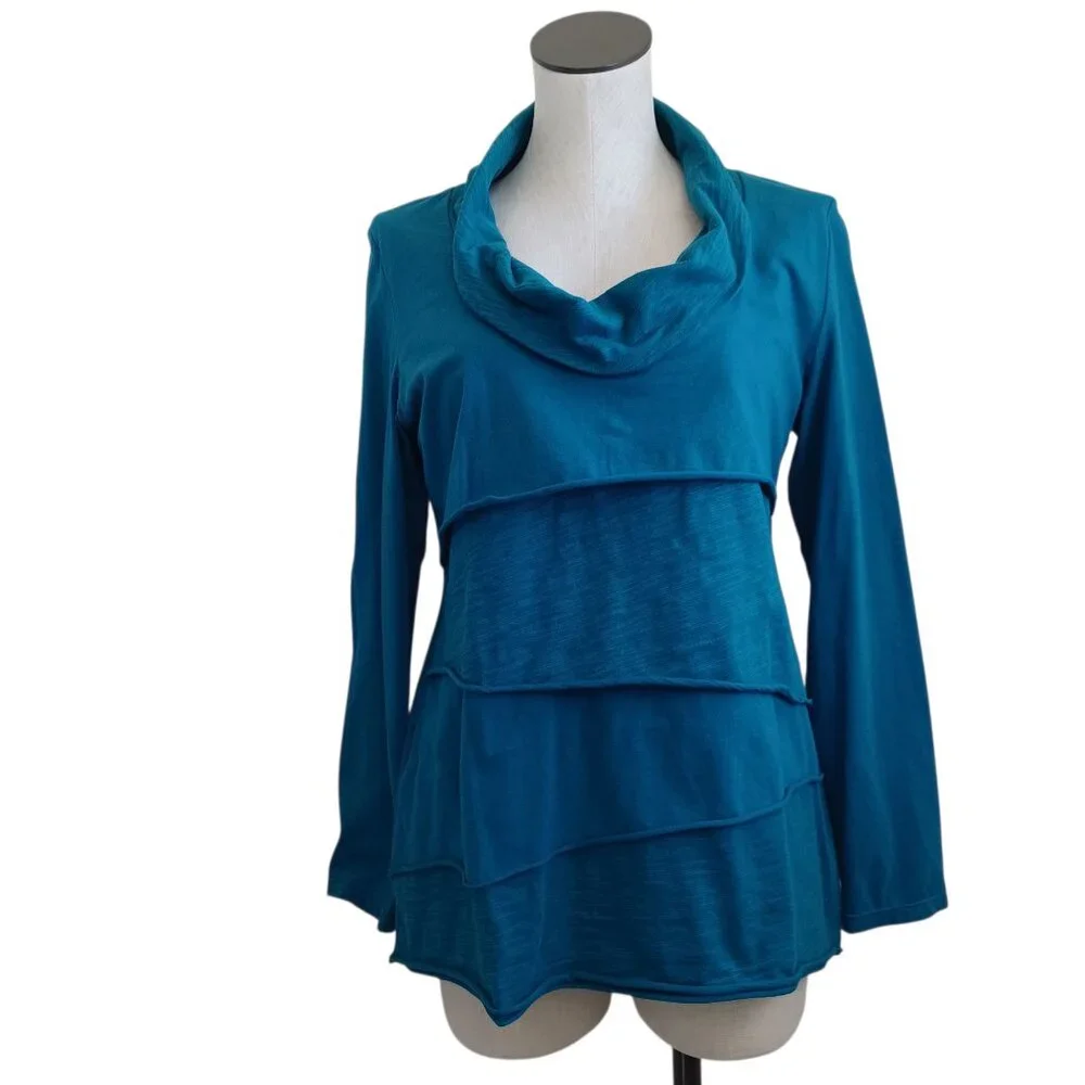 Soft Surroundings Womens‎ Teal Blue Cowl Neck Tiered Long Sleeve Top Size S
